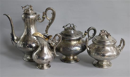 A late 19th/early 20th century French four piece engine turned silver tea and coffee service by Veyrat, gross 44 oz.